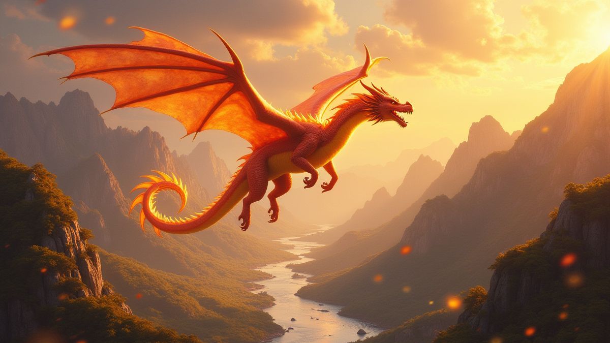 Dragon brillant volant au-dessus de montagnes dorées et de rivières scintillantes.
