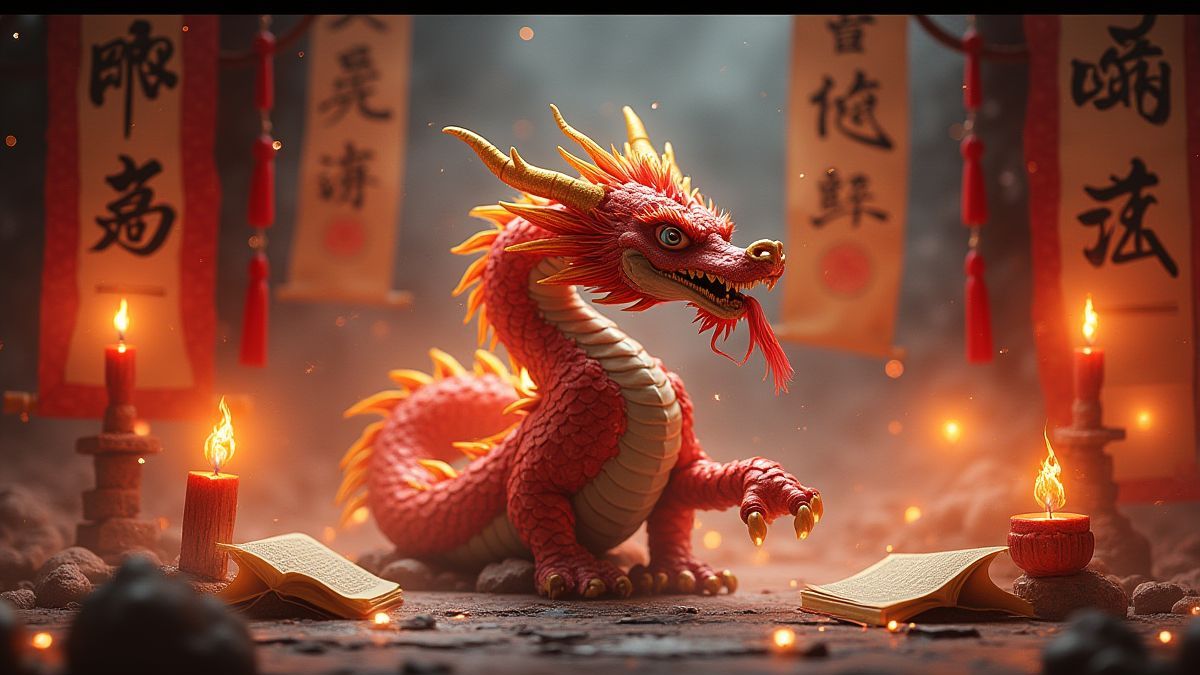 Dragon asiatique mystique entouré de lumières brillantes et de rouleaux anciens.