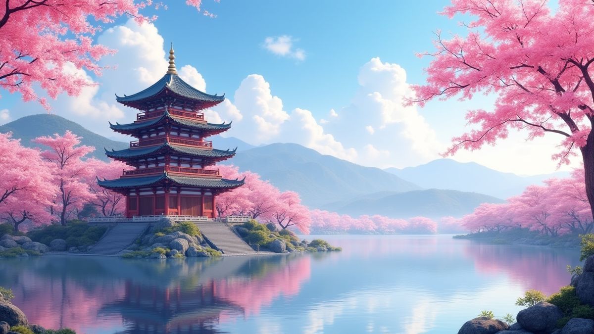 Pagode chinoise entourée de fleurs de cerisier et d'un lac tranquille.