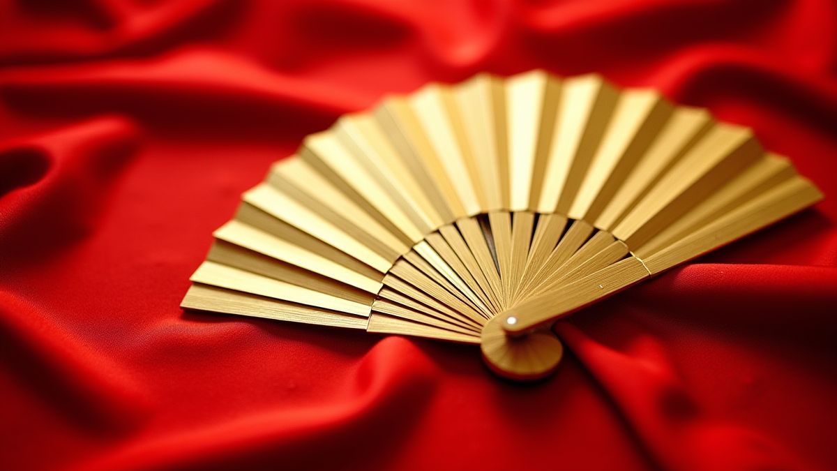 Een gouden waaier op een rode zijden doek.