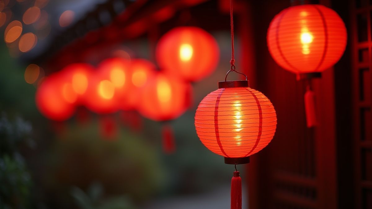 Glanzende rode lantaarns in een rustige oosterse tuin.