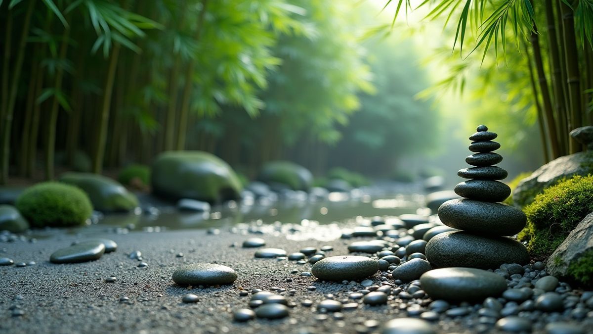 Een Zen-tuin met stenen en bamboebomen.