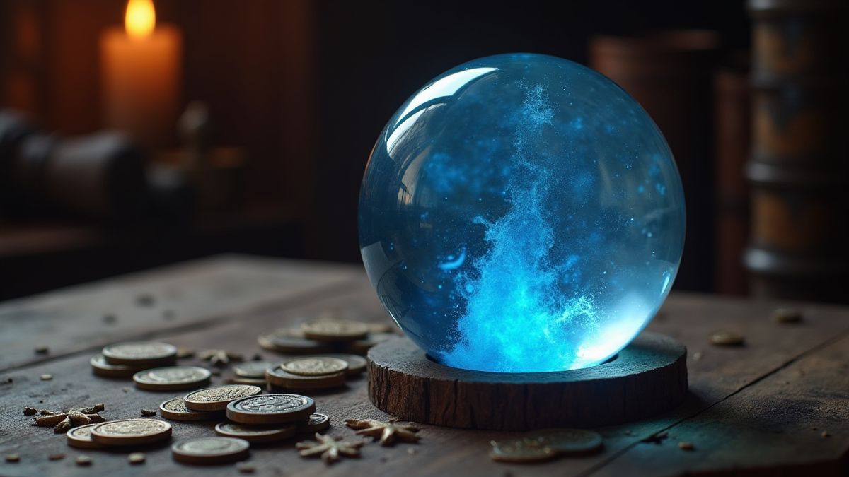 Uma mesa com moedas medievais e uma bola de cristal mágica.