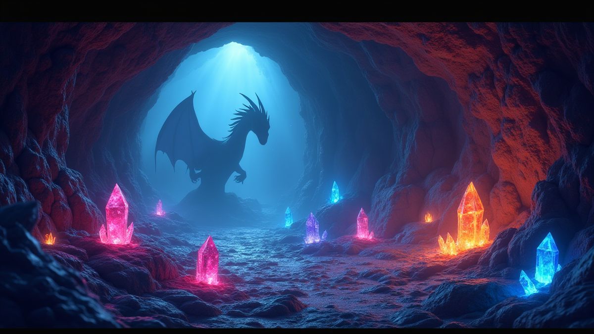 A magical cave filled with glowing crystals and the shadow of a dragon.