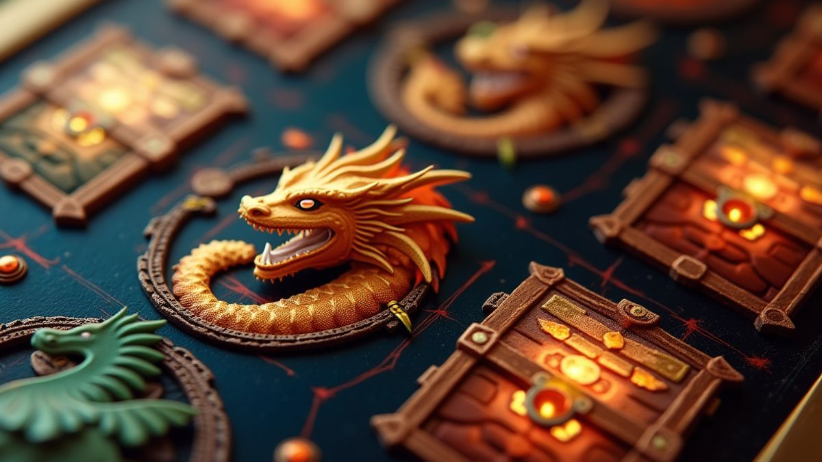 Close-up view of the reels featuring dragon symbols and treasure chests.