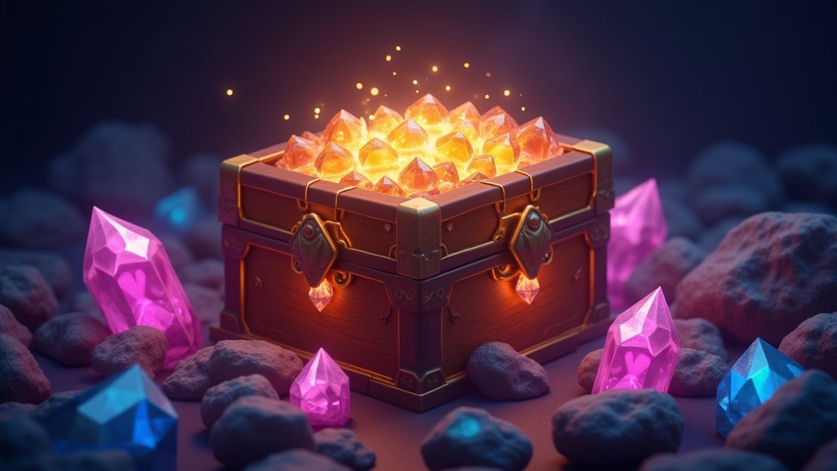 A glowing treasure chest surrounded by magical crystals.