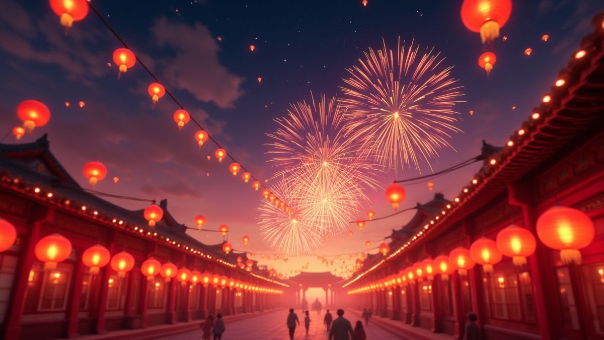 Uma festividade chinesa com lanternas e fogos de artifício iluminando o céu noturno.