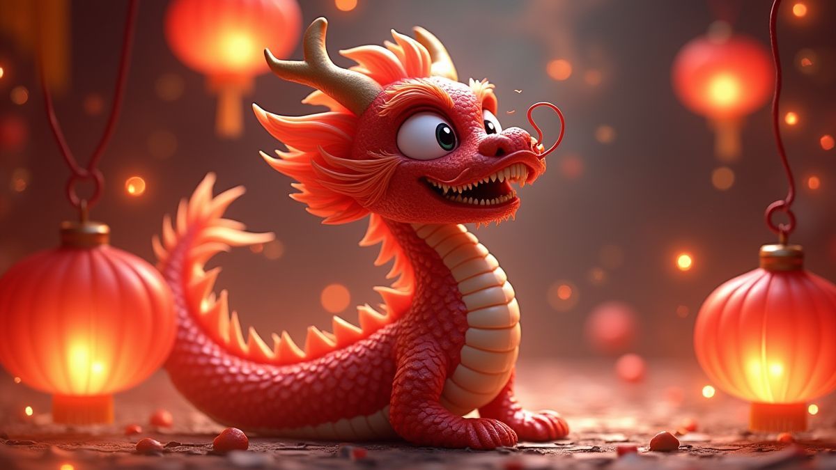 Um dragão chinês rodeado de lanternas brilhantes e luzes místicas.