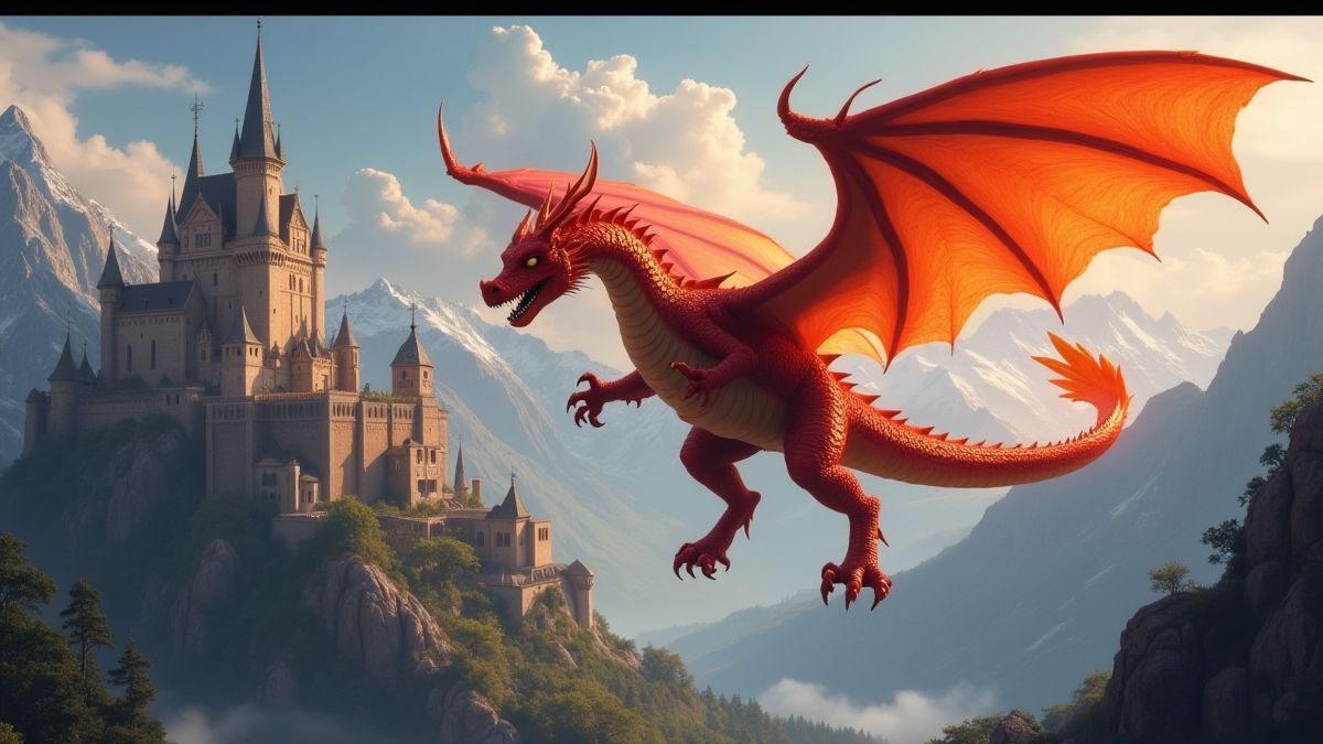 Un dragon volant sur des châteaux médiévaux entourés de montagnes.