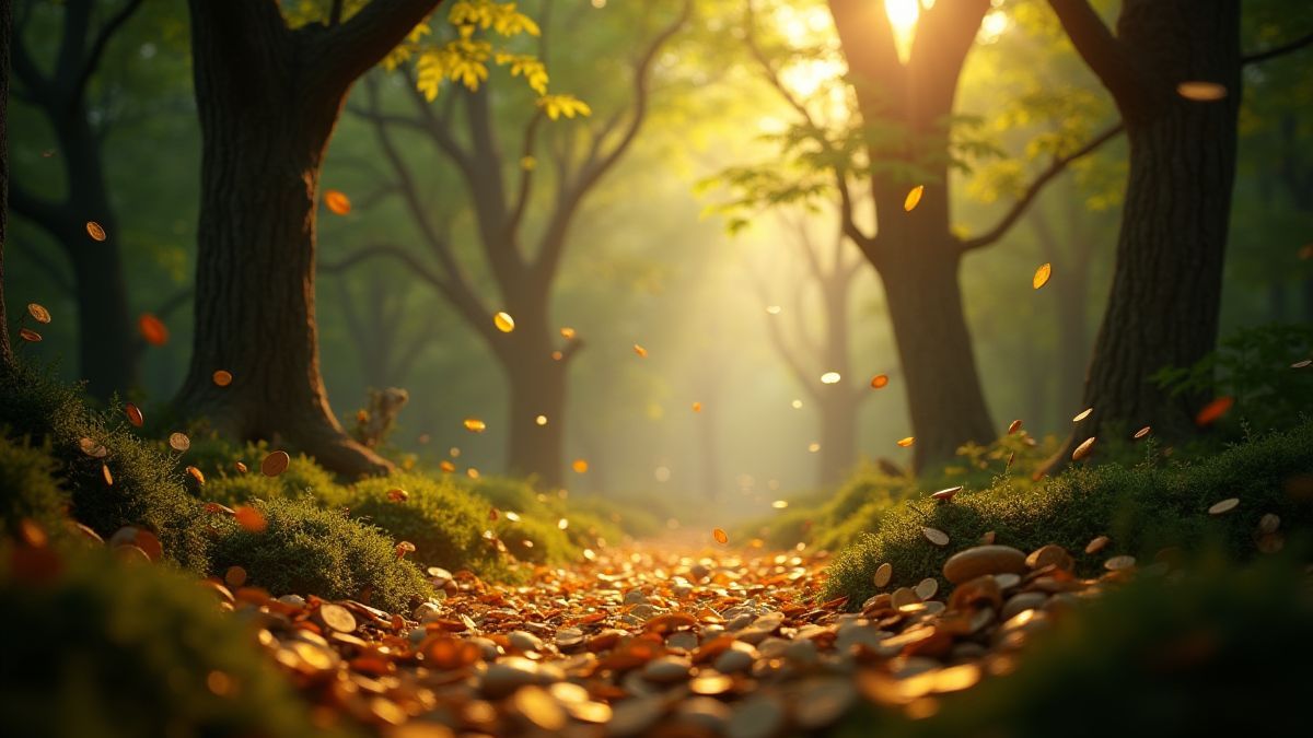 Monnaies d'or tombant dans une forêt magique médiévale.