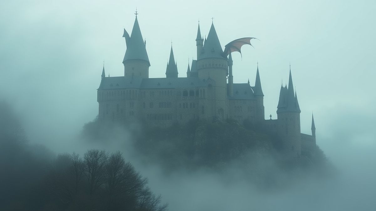 A medieval castle surrounded by mist with a dragon on its tower.