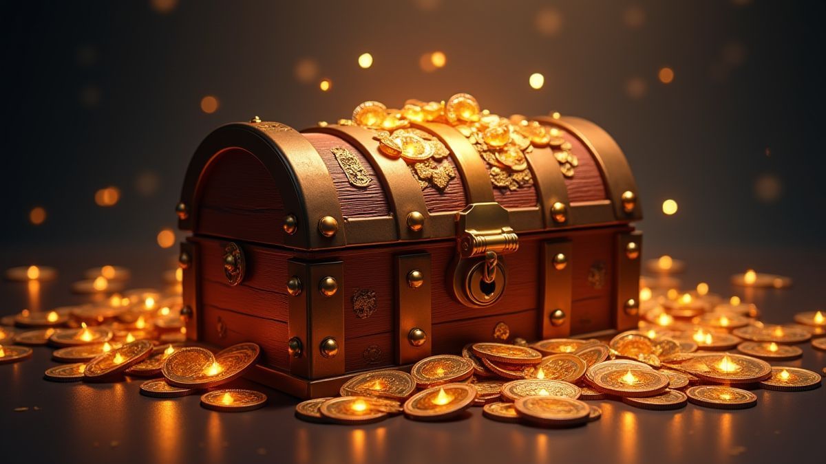 A treasure chest surrounded by shining coins and jewels.