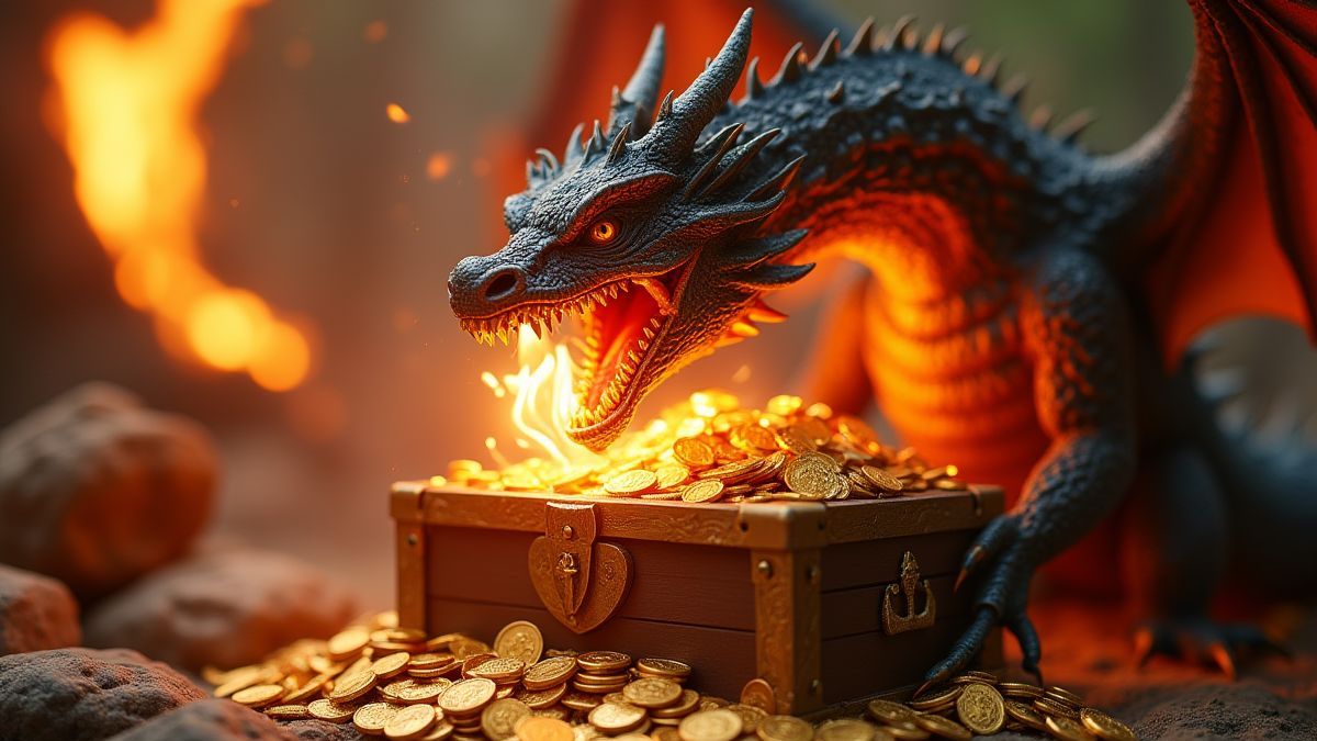Dragon féroce lançant feu sur un coffre rempli de pièces d'or.