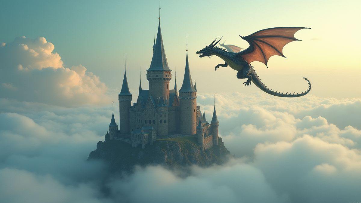 Dragon flying over a castle among clouds.