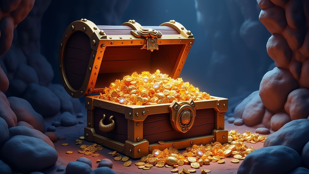 A treasure chest full of gold and jewels in a magical cave.