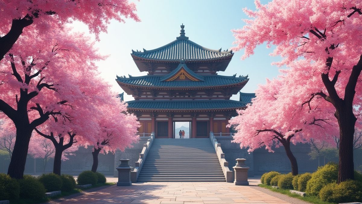 Um templo asiático rodeado de flores de cerezo.