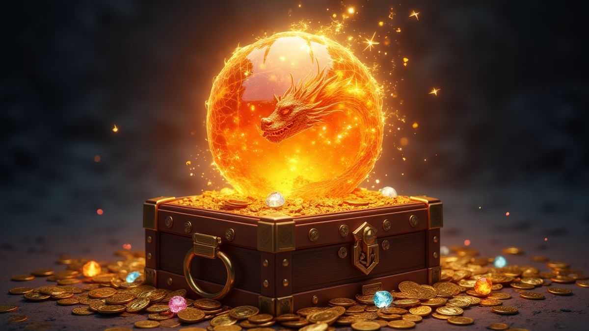A glowing dragon orb floating above a treasure chest filled with coins and gems.