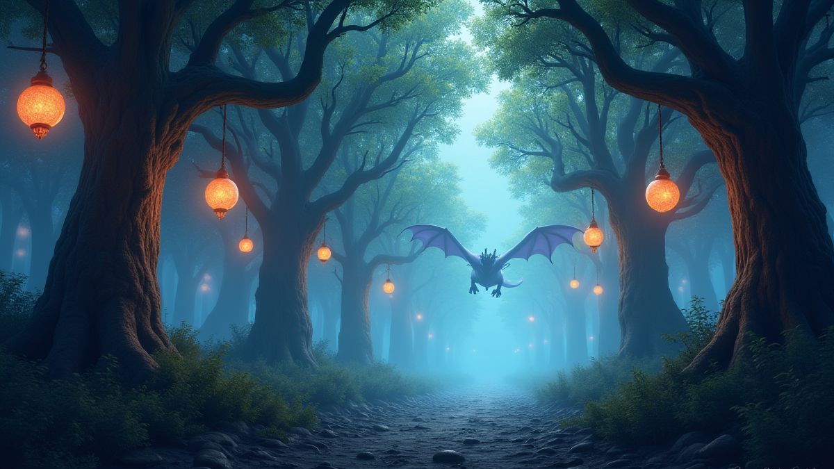 A mystical forest with glowing orbs hanging from the trees and a dragon in flight.
