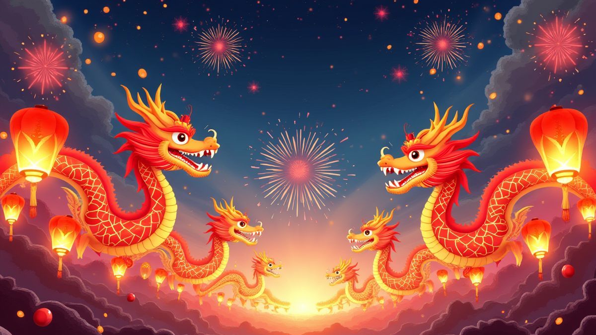 Chinese lantern festival with dragons and fireworks.