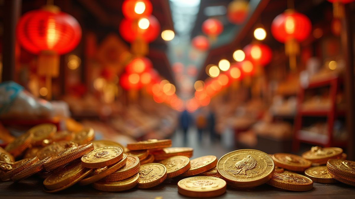 Festive Asian market with golden coins and dragons.