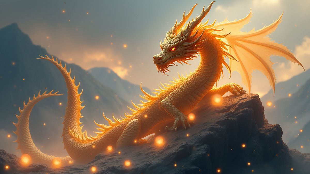 Ein goldener Drache umgeben von leuchtenden Perlen auf einem mystischen Berg.