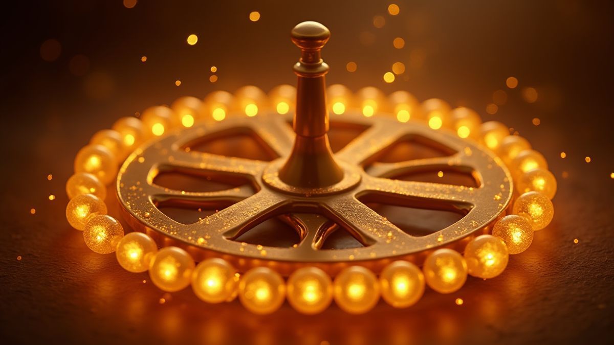 Goldene Perlen leuchten hell um ein sich drehendes Rad.