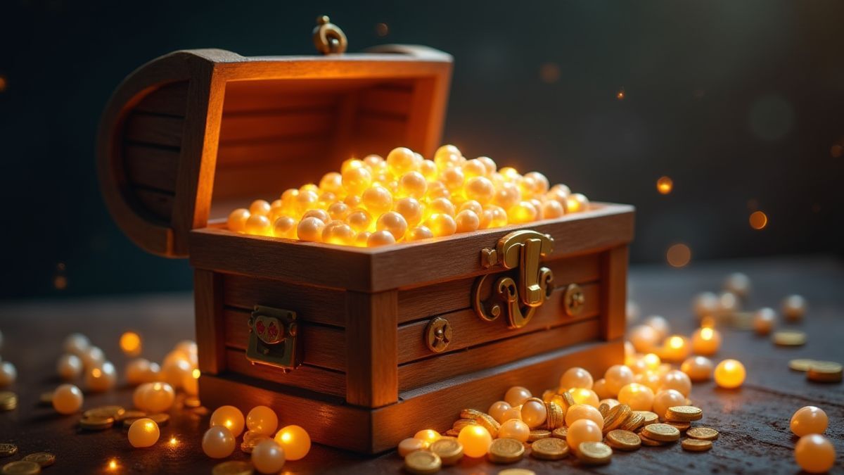Eine Schatzkiste voller leuchtender Perlen und Goldmünzen.