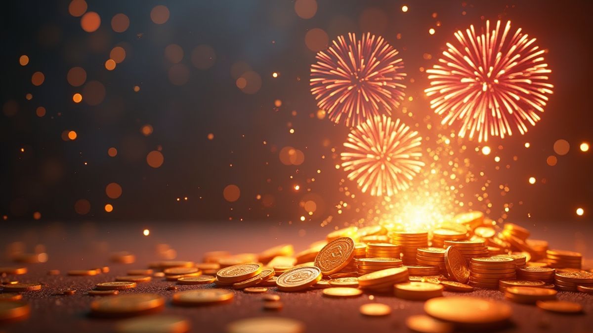 Monedas y fuegos artificiales en una explosión de celebración.