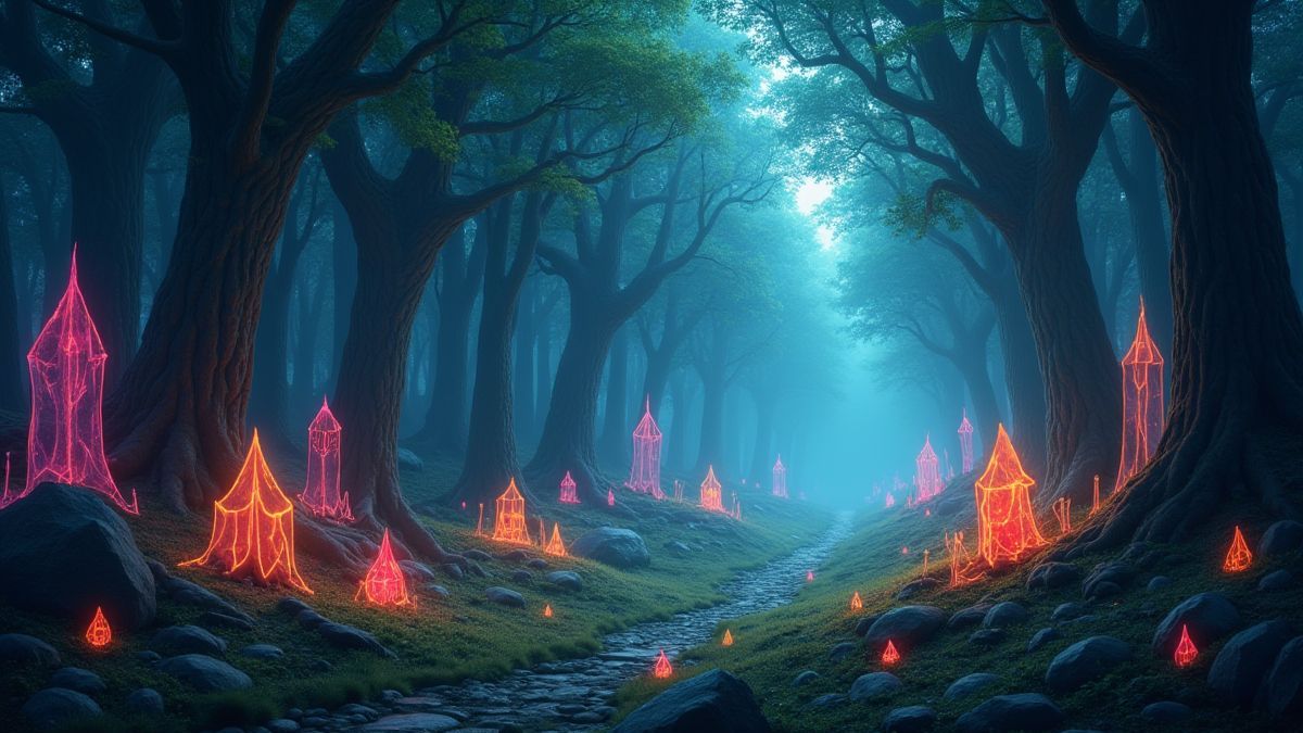 Uma floresta mística com cristais brilhantes e criaturas míticas.