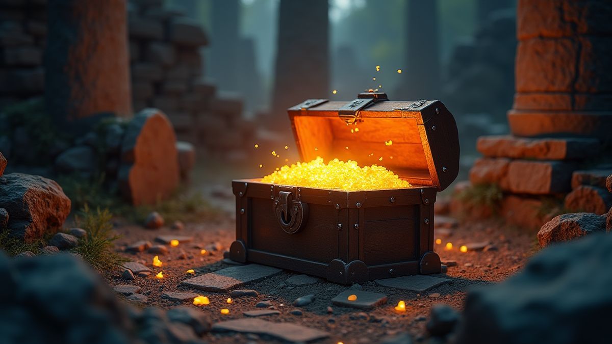 Um baú do tesouro brilhando com luz mágica entre ruínas antigas.