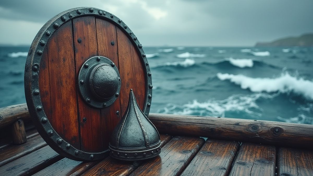 Bouclier viking et casque sur un pont de bois avec des mers agitées en arrière-plan.
