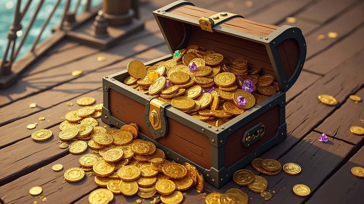 Coffre au trésor débordant de pièces d'or et de bijoux sur le pont d'un bateau viking.