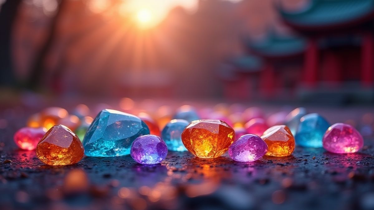 Gemas brillantes frente a un templo chino.