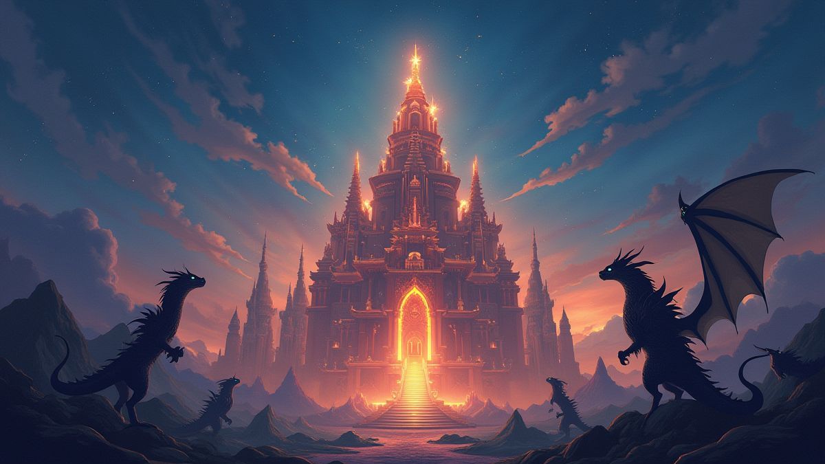 Un templo resplandeciente rodeado de dragones bajo un cielo místico.