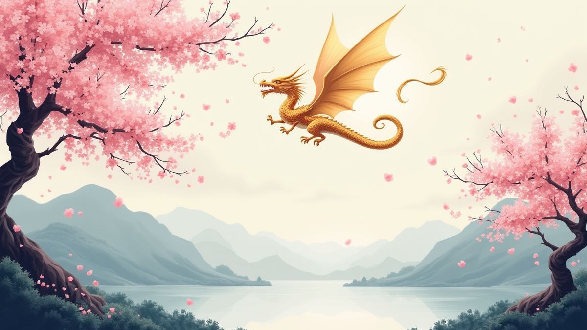 Paisaje con flores de cerezo y un dragón dorado volando.