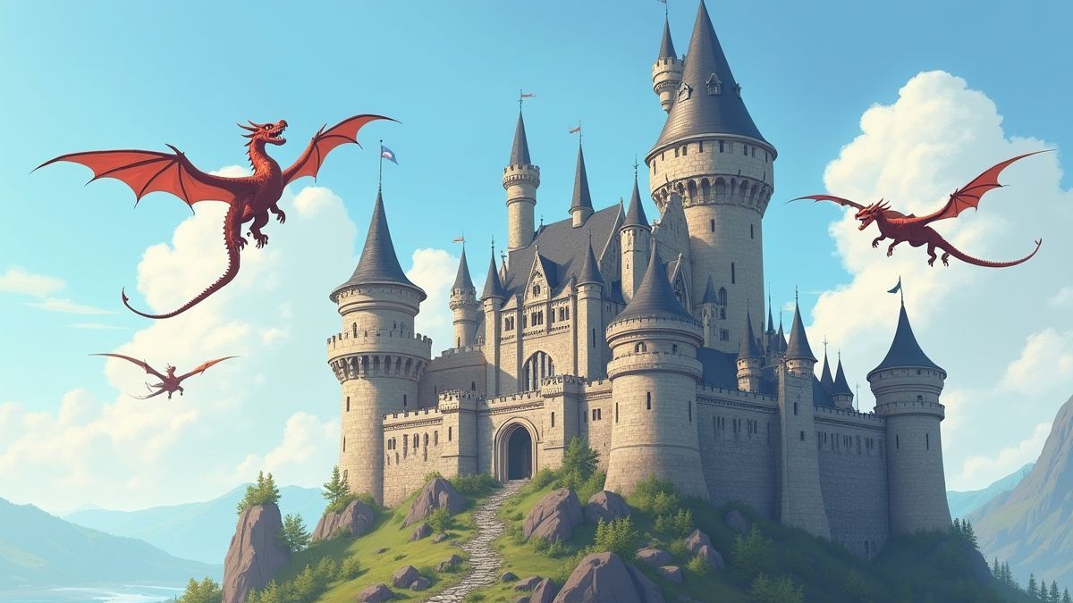 Mittelalterliche Burg umgeben von fliegenden Drachen.
