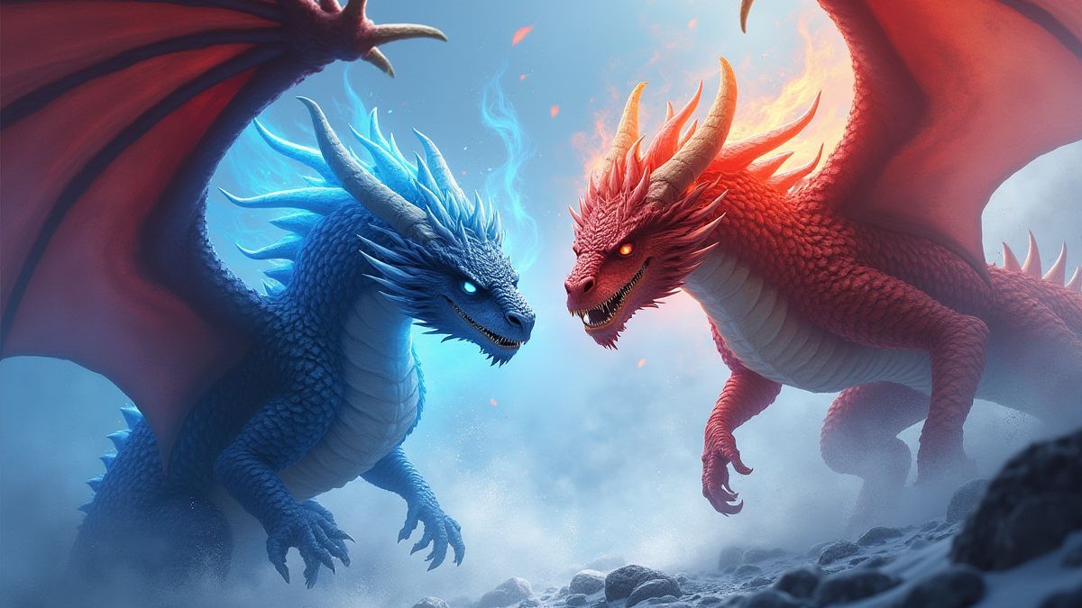 Roter Drache und blauer Drache in einer magischen Kampf-Szene.