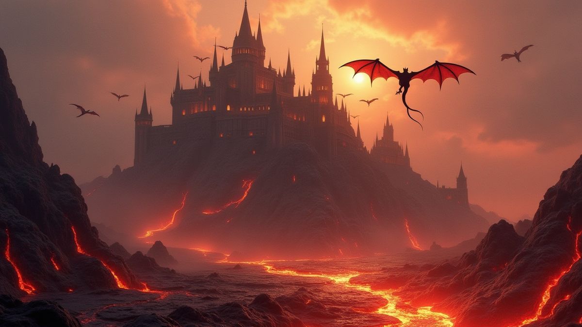 Mittelalterliche Burg umgeben von Lava und fliegenden Drachen.