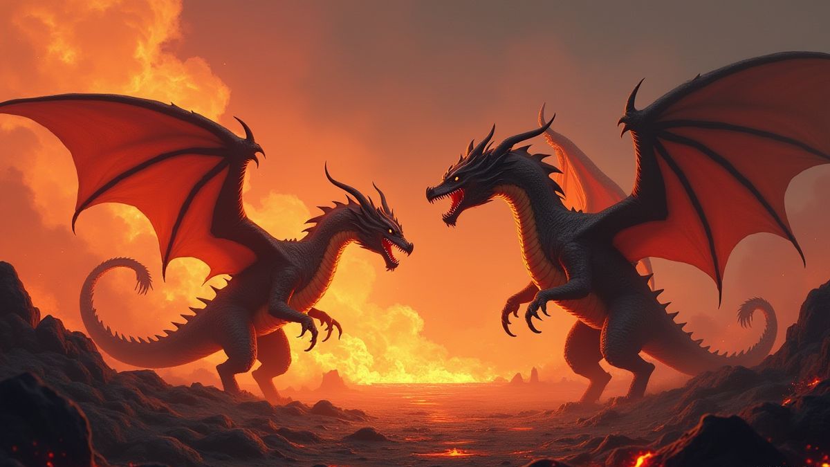 Zwei Drachen kämpfen auf einem feurigen Schlachtfeld mit glühender Lava und Rauch im Hintergrund.