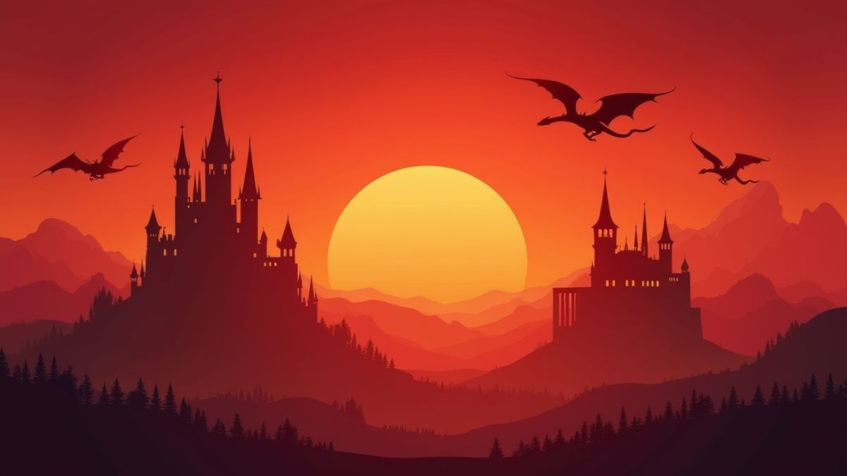 Sonnenuntergang mit Burgen und darüber fliegenden Drachen.