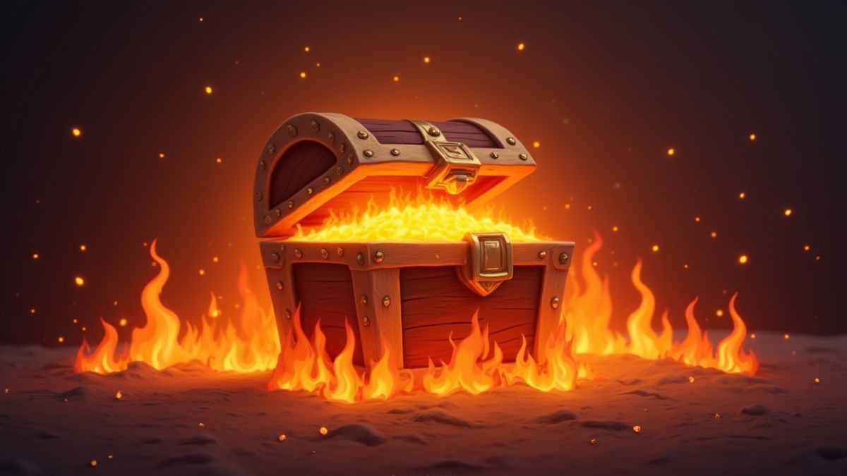 A glowing treasure chest surrounded by flames.
