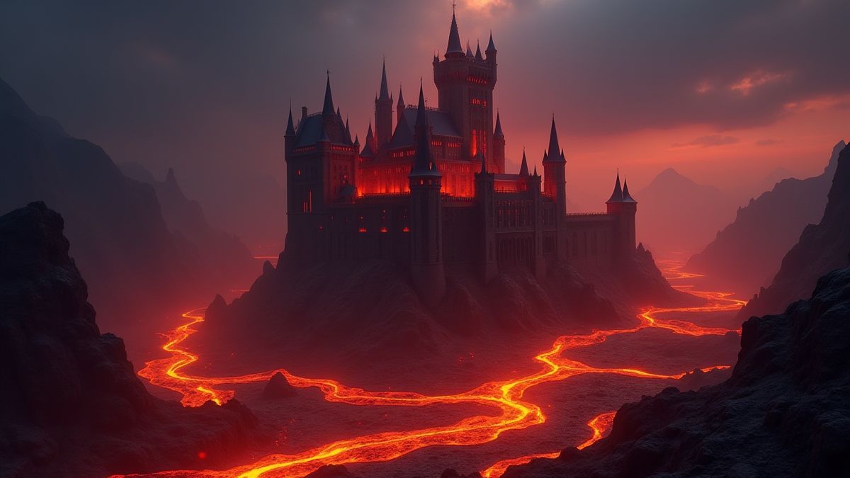 A medieval castle surrounded by glowing lava streams.
