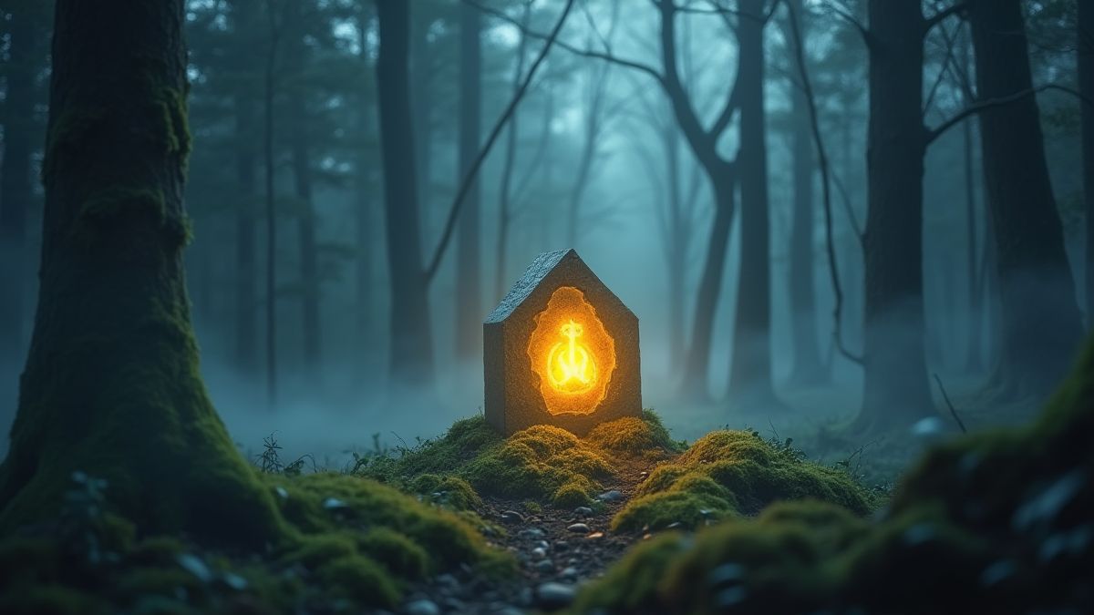 A glowing rune stone surrounded by mist in a magical forest.