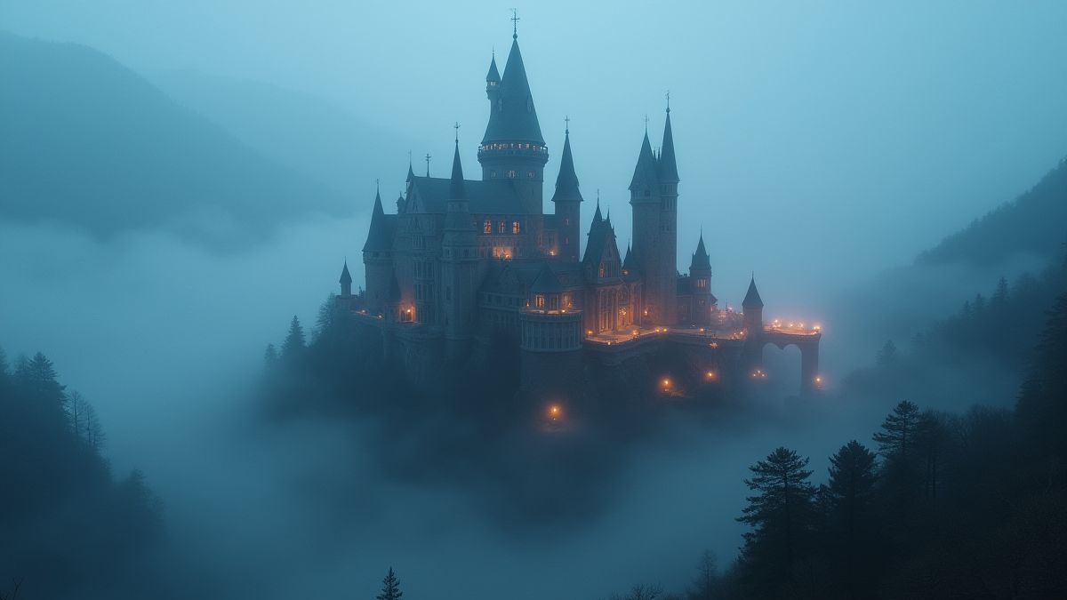 A medieval castle surrounded by fog and glowing lights.