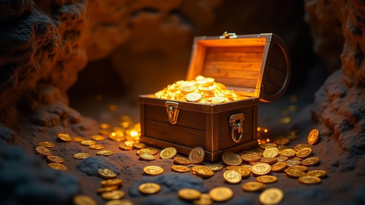 A glowing treasure chest surrounded by golden coins in a cave.