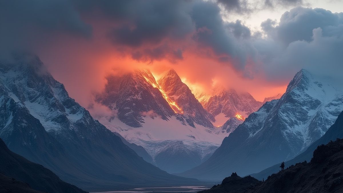 Berglandschaft mit Elementen von Feuer und Eis.