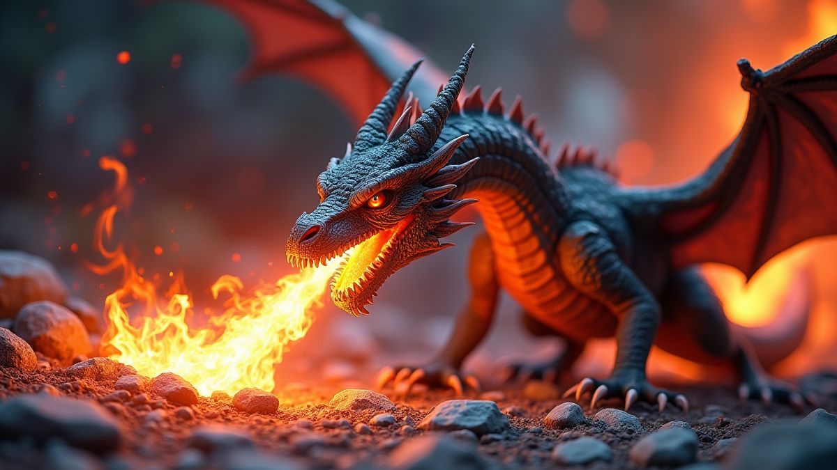 Drache, der Feuer über magischen Steinen speit.