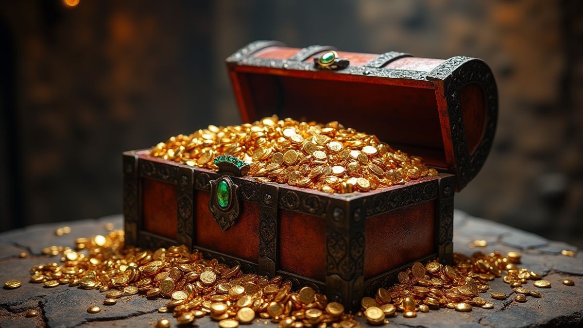 Een schatkist vol met goud en juwelen in een middeleeuws kasteel.