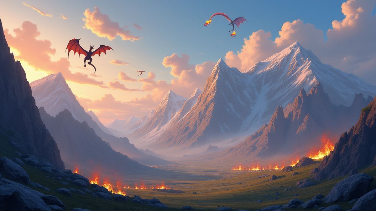 Un paysage vikingo animé avec montagnes, feu et dragons volants.