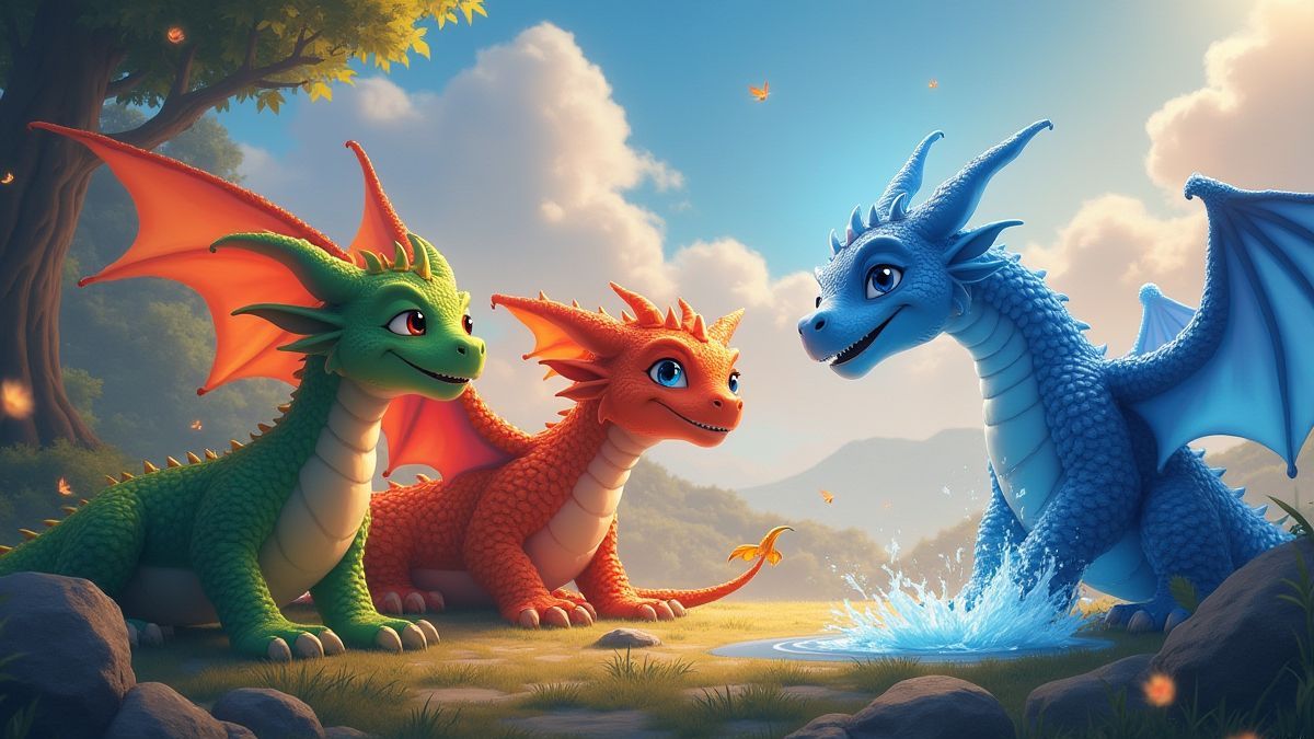 Trois dragons animés représentant la terre, le feu et l'eau.